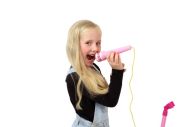 Mikrofon karaoke růžový plast na baterie se světlem se zvukem v krabici 17x34x7cm