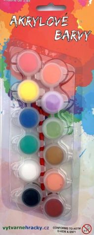 Akrylové barvy 12ks se štětcem i na keramiku,sklo,kameny na kartě 11x26,5cm