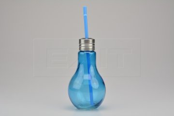  Sklenička na drink s plechovým víčkem a brčkem - Modrá žárovka 