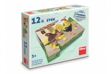 Kostky kubus domácí zvířátka retro dřevo 12ks v krabičce 21x18x4cm