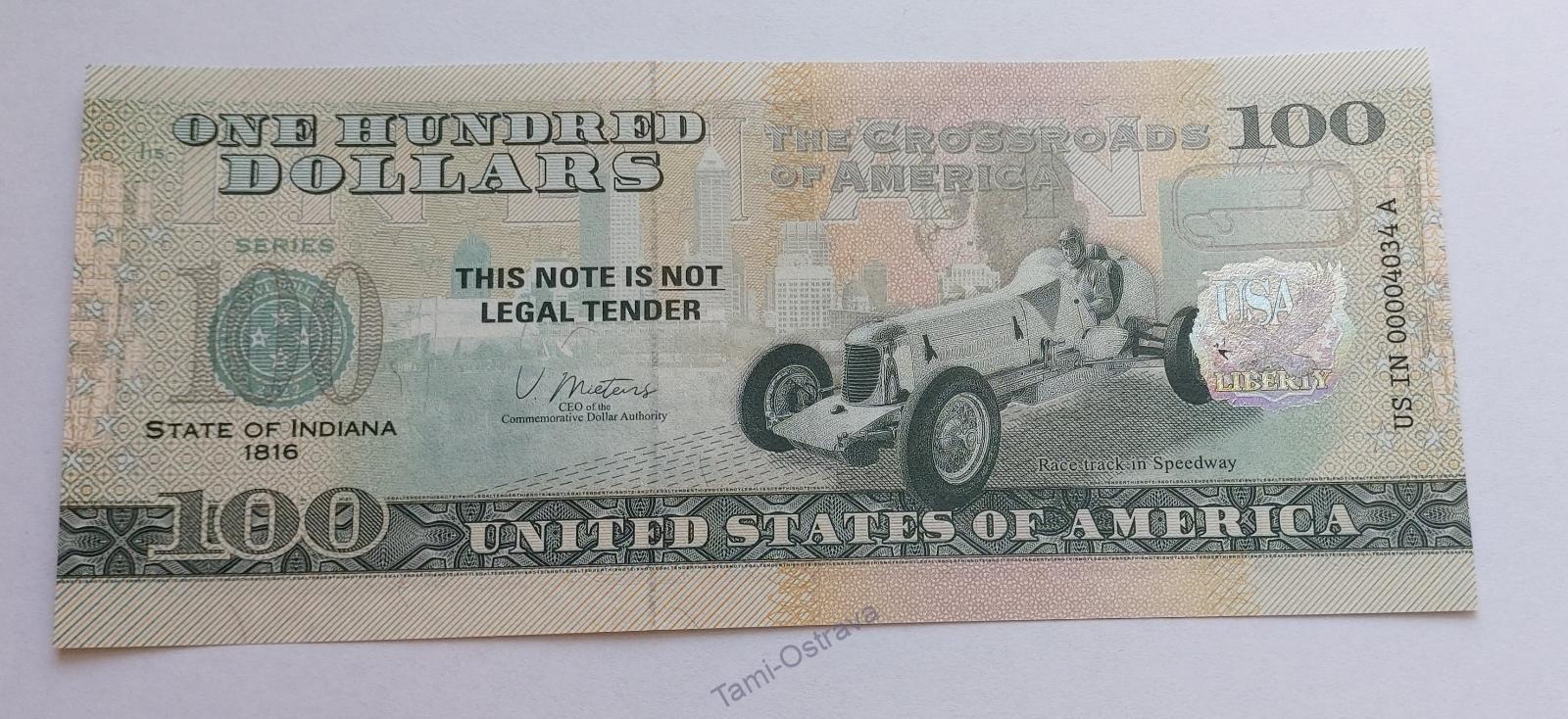 USA - 100 Dolarů 2022 - Pamětní - Indiana - UNC